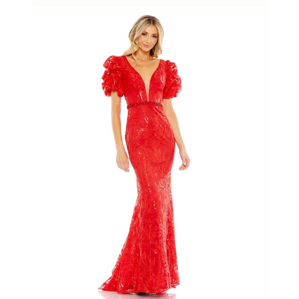 Mac Duggal Red Embroidered Puff-Sleeve Maxi Gown